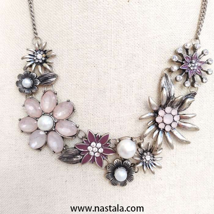 Silver Flower Statement Necklace with Pink Stones and Pearls - Image 2
