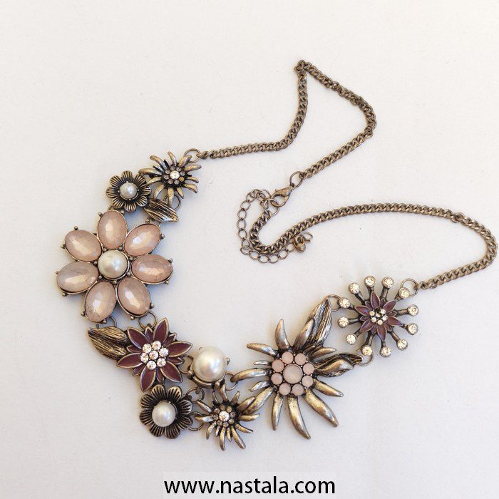 Silver Flower Statement Necklace with Pink Stones and Pearls - Image 5