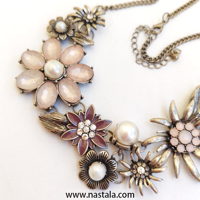 Silver Flower Statement Necklace with Pink Stones and Pearls - Image 6