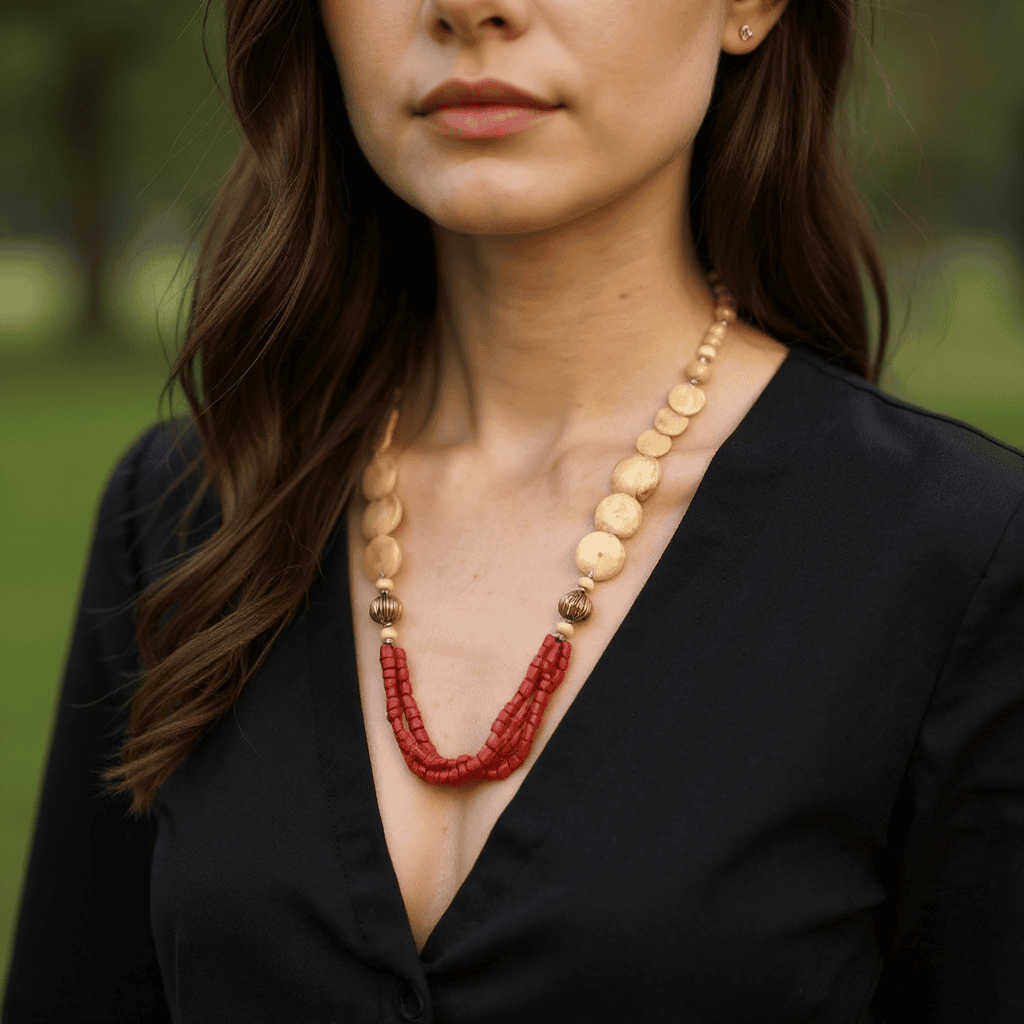 Cream Bone Coin and Red Coral Tube Statement Necklace - Image 6