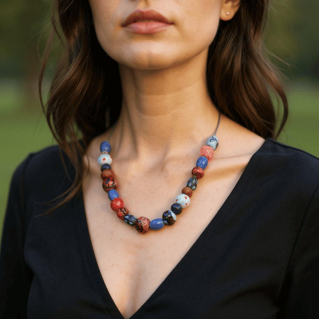 Multicolor Mixed Ceramic and Polymer Clay Bead Leather Cord Necklace - Image 6