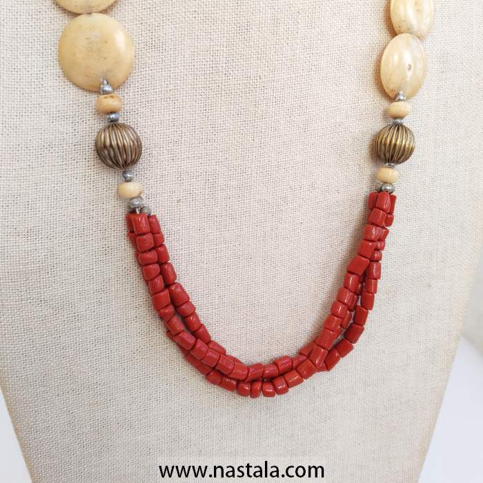 Cream Bone Coin and Red Coral Tube Statement Necklace - Image 5