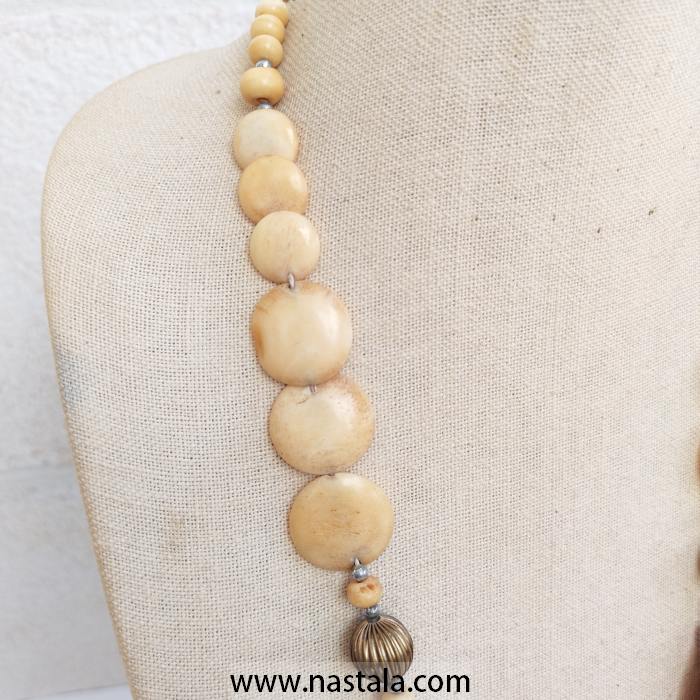 Cream Bone Coin and Red Coral Tube Statement Necklace - Image 2