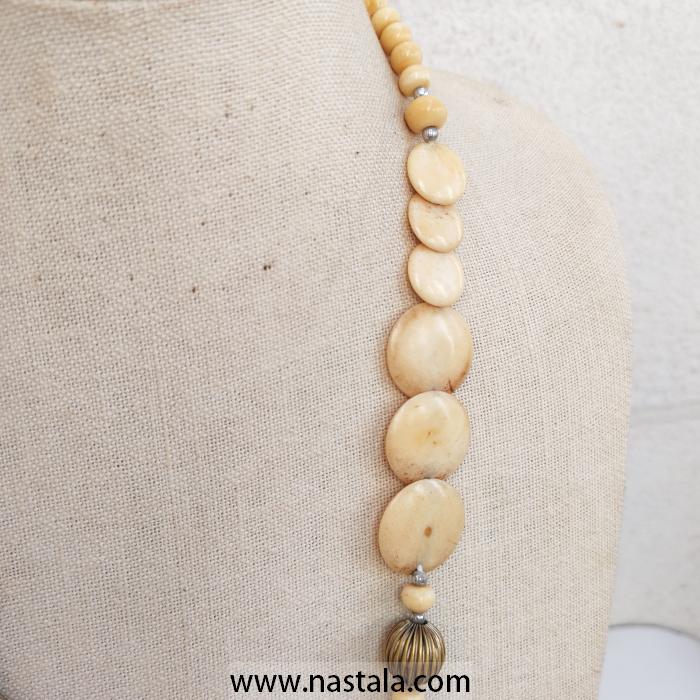 Cream Bone Coin and Red Coral Tube Statement Necklace - Image 3