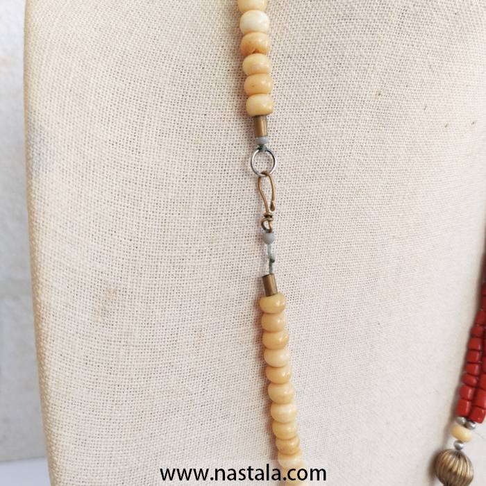 Cream Bone Coin and Red Coral Tube Statement Necklace - Image 4
