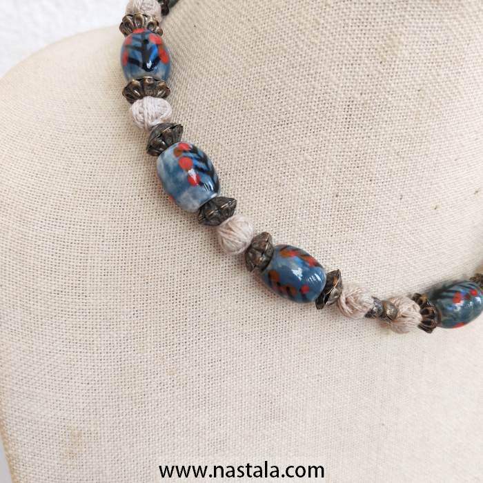 Blue Floral Hand-Painted Ceramic and Bronze Filigree Bead Necklace - Image 4