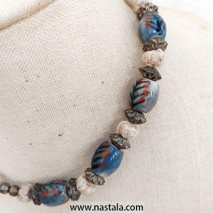 Blue Floral Hand-Painted Ceramic and Bronze Filigree Bead Necklace - Image 2
