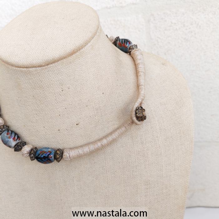 Blue Floral Hand-Painted Ceramic and Bronze Filigree Bead Necklace - Image 3